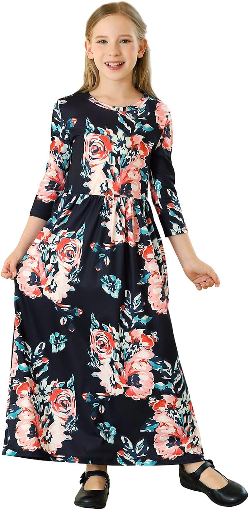 Girls Maxi Dress Floral 3/4 Long Sleeve Dresses with Pockets for Girls 6-12 Years