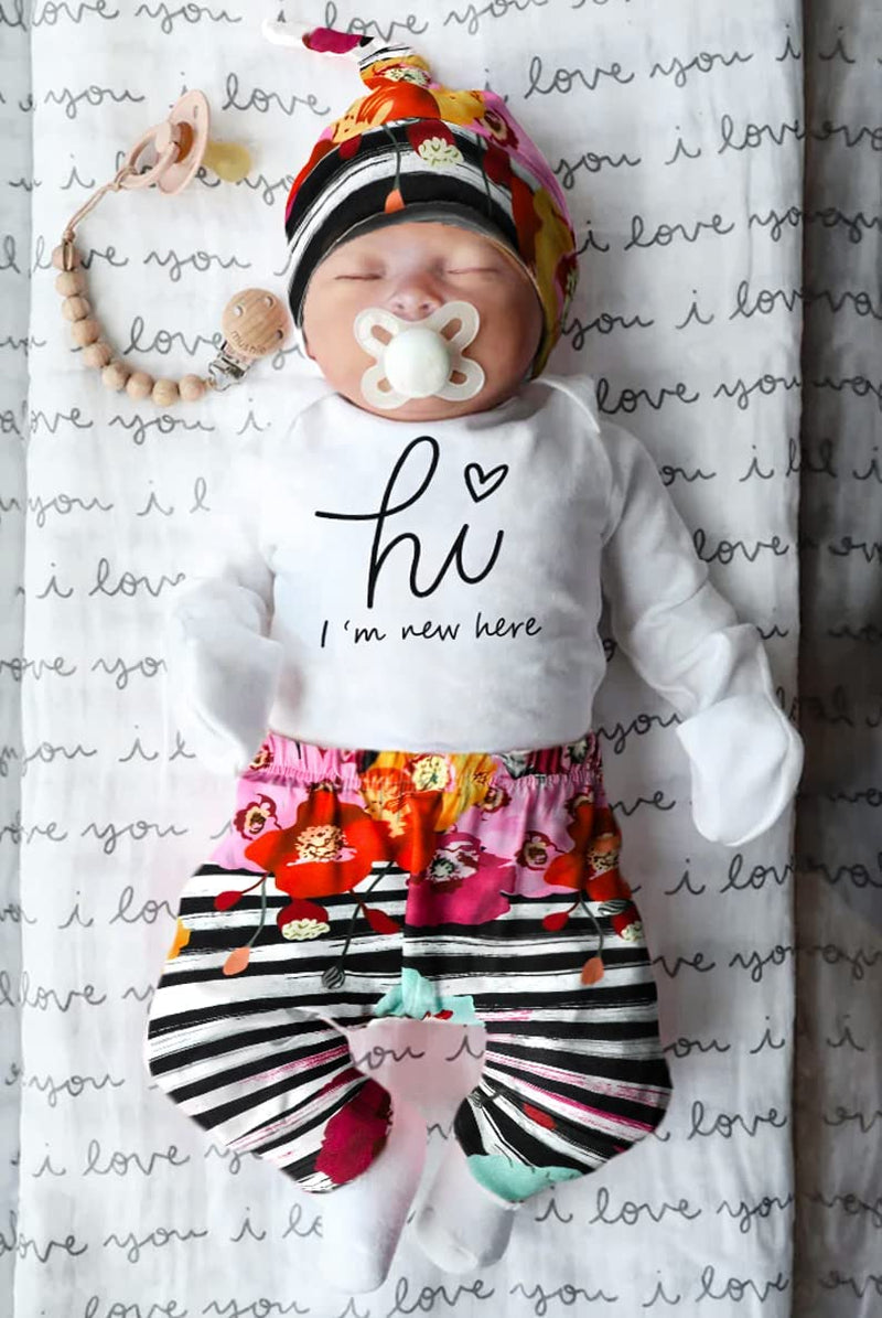 Newborn Baby Girl Clothes Hi I'M New Here Newborn Outfit Infant Romper Floral Pants Cute Baby Girl Outfits 4PC Set