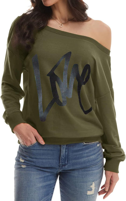 Womens Oversized Sweatshirt Love Letter Printed off Shoulder Sweatshirt Loose Slouchy Pullover Tops(Army Green,M)