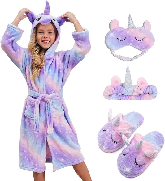 Soft Unicorn Hooded Robe with Matching Slippers Headband and Blindfold for Girls