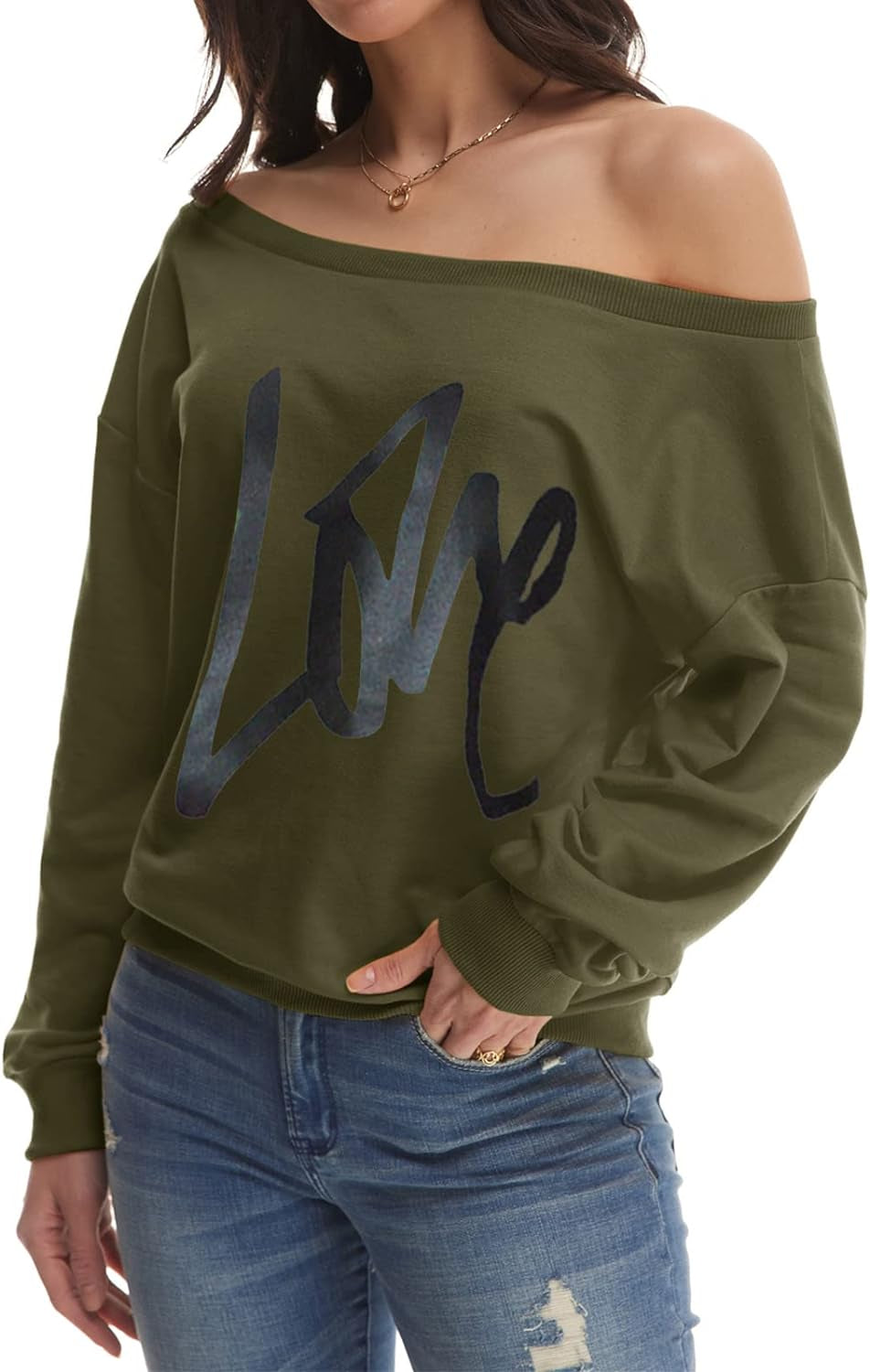 Womens Oversized Sweatshirt Love Letter Printed off Shoulder Sweatshirt Loose Slouchy Pullover Tops(Army Green,M)