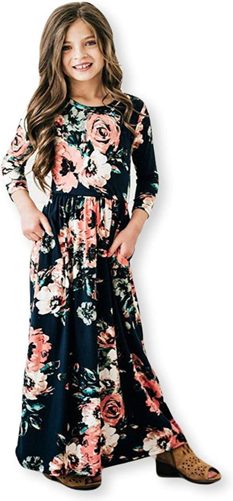 Girls Maxi Dress Floral 3/4 Long Sleeve Dresses with Pockets for Girls 6-12 Years