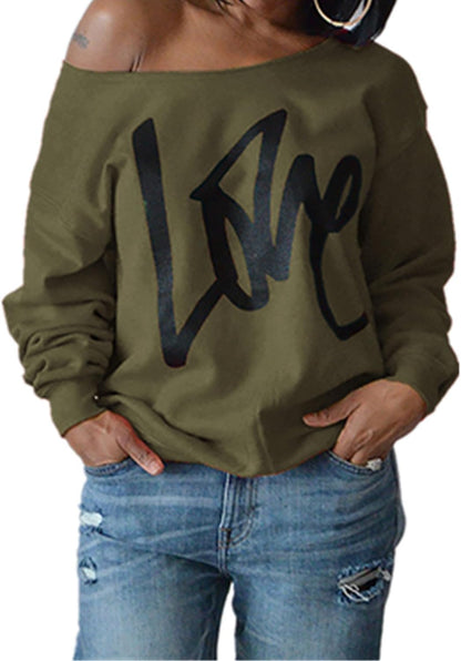 Womens Oversized Sweatshirt Love Letter Printed off Shoulder Sweatshirt Loose Slouchy Pullover Tops(Army Green,M)